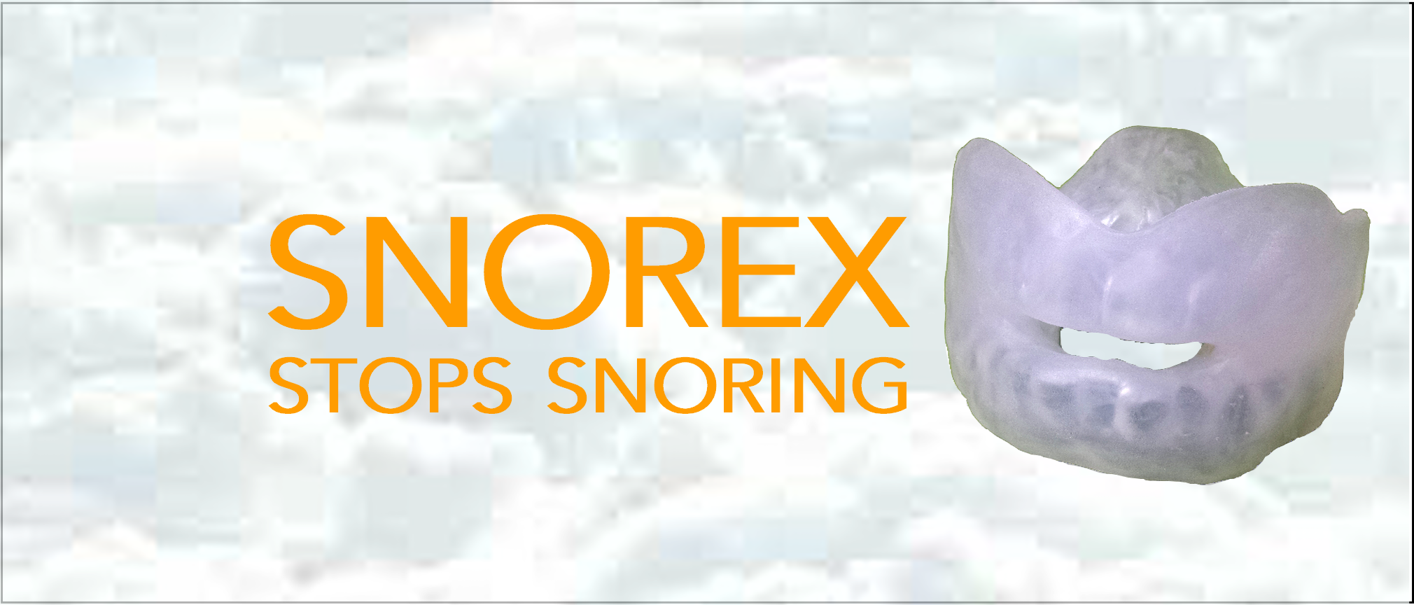 Snorex Stops Snoring [picture of the custom made device - looks a little like a mouth guard that fits on the top and bottom]